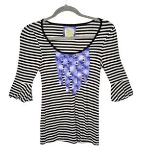 Little Yellow Button Anthropologie Black and White Striped Ruffle Top Size XS